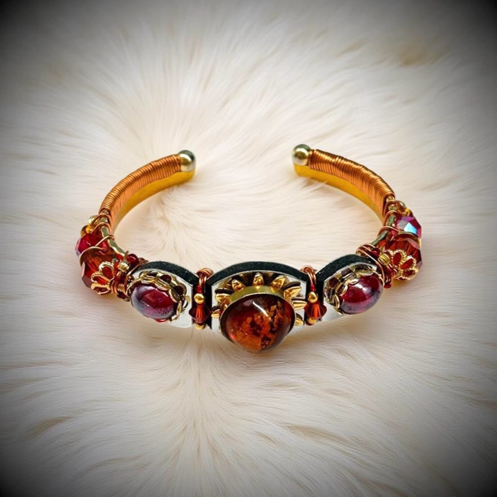 Beautiful Liztech ‘04 Handmade Mixed Metal Crystal Cuff Bracelet 6.5”